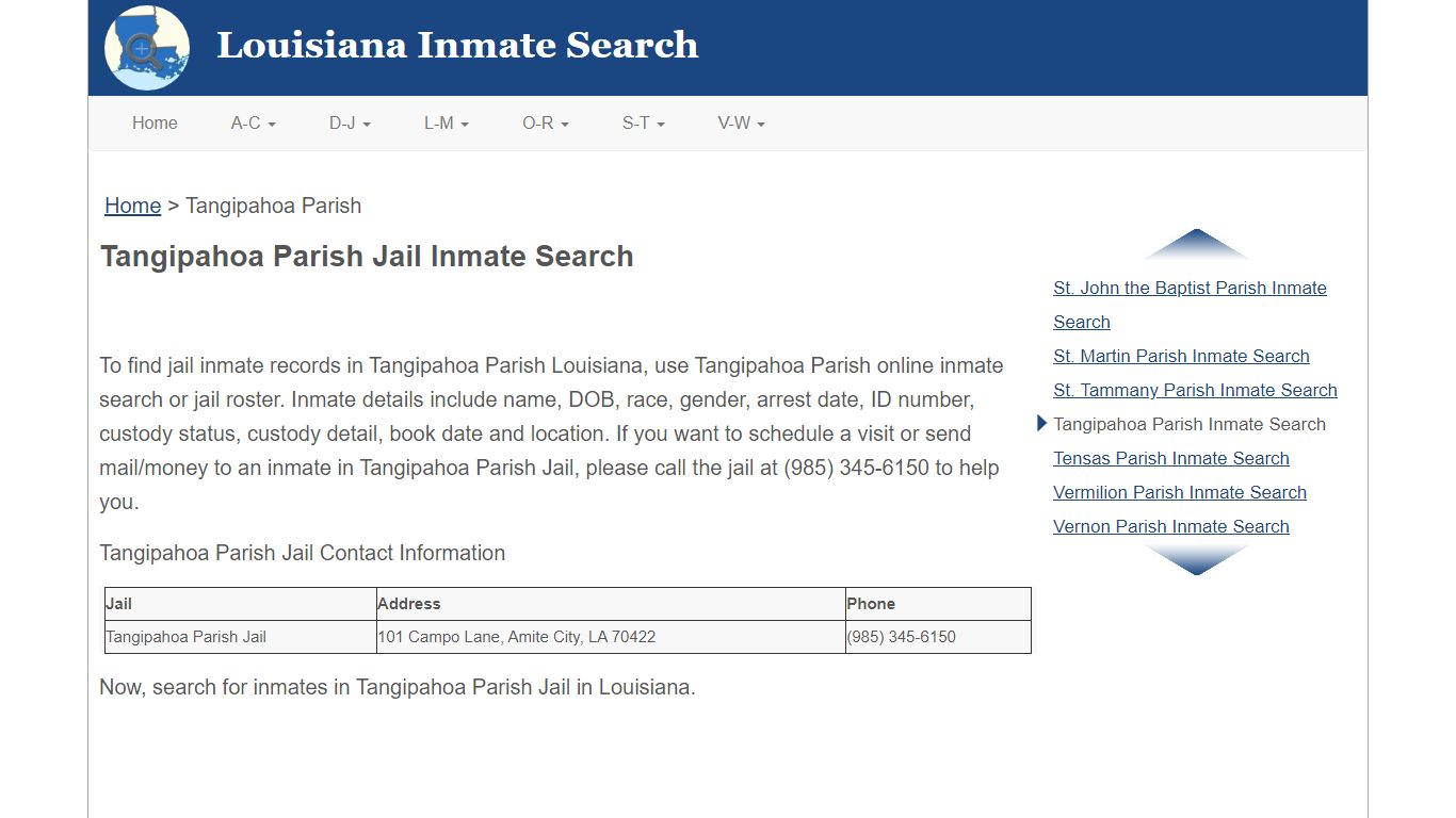 Tangipahoa Parish LA Jail Inmate Search