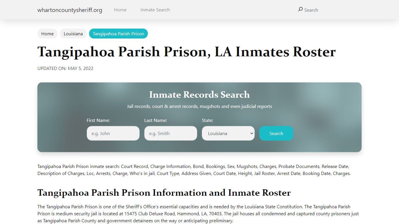 Tangipahoa Parish Prison, LA Jail Roster, Name Search